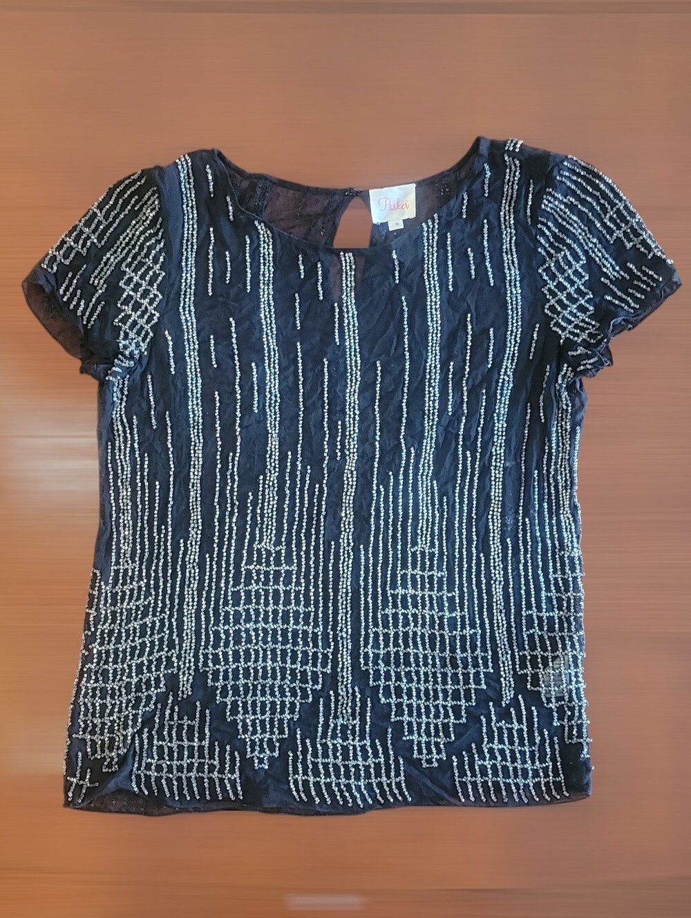 PARKER Black and Silver Sheer Beaded Top